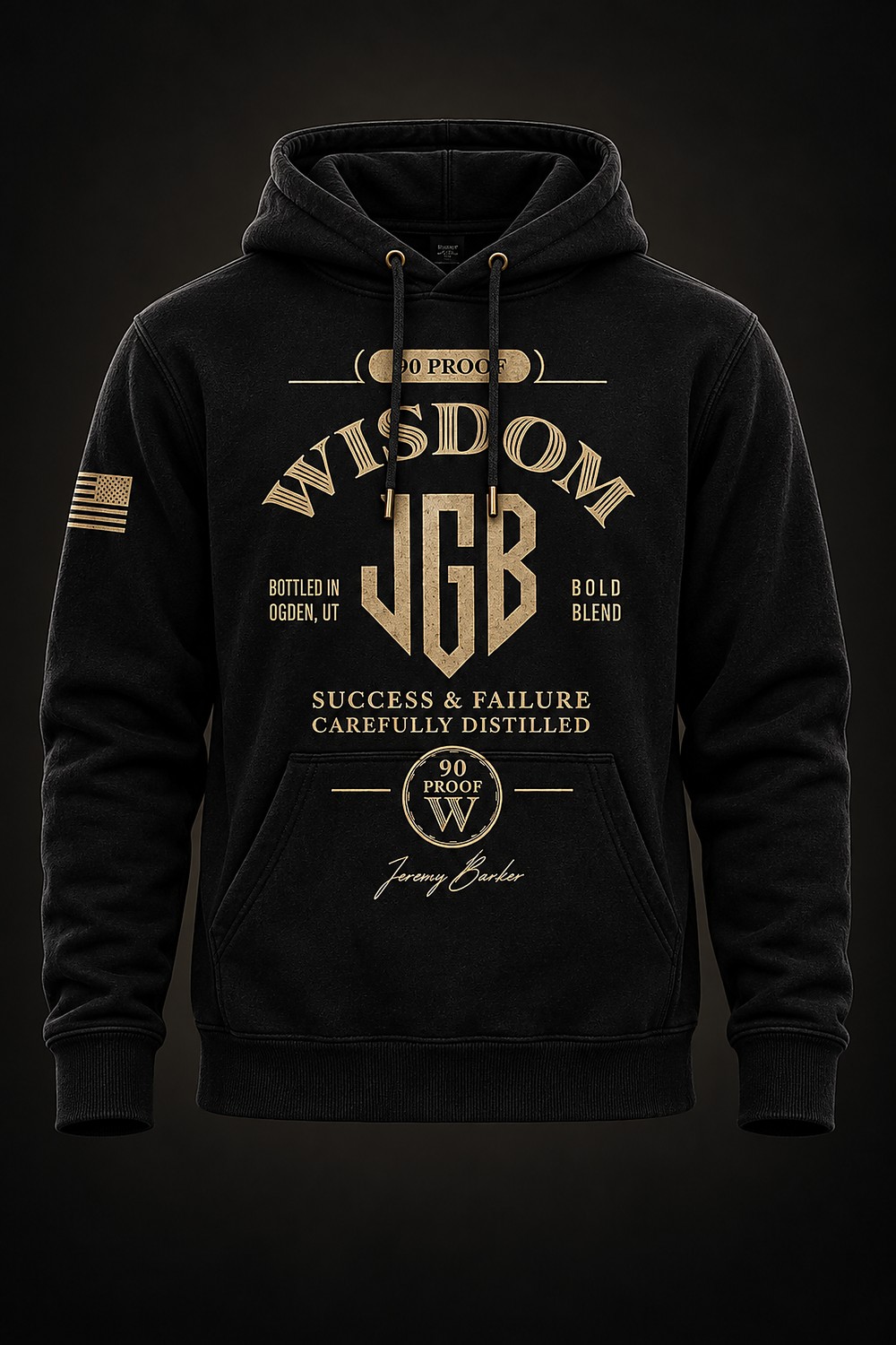 Bourbon Black Hoodie. Whiskey hoodie in deep black garment dye with warm gold 90 Proof Wisdom chest mark, $85 preorder.