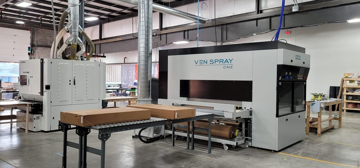 Murphy Door manufacturing floor in Ogden, Utah. HOMAG CNC machine and Venspray ONE automated finishing line on the production floor. Vertically integrated Made in USA furniture factory operated by founder Jeremy Barker, building a new SKU every six minutes across plants in Ogden, UT and Lexington, KY.