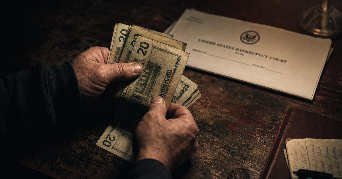 Hands counting worn twenty dollar bills next to a folded United States Bankruptcy Court document on a scarred wooden workbench. Editorial photograph illustrating Jeremy Barker's playbook for recovering from business bankruptcy.