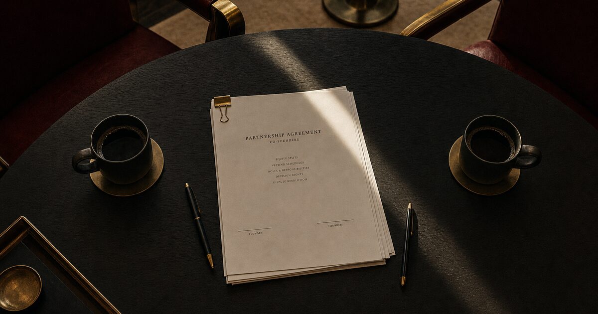Boardroom table shot from above with two coffee cups, two pens, and a stack of unsigned partnership documents crossed by a shaft of morning light. Editorial photograph illustrating Jeremy Barker's playbook for splitting co-founder equity.