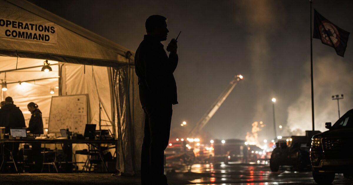 Silhouette of a firefighter-turned-CEO figure holding a radio at the entrance of a nighttime operations command tent with an emergency scene in the distance. Editorial photograph illustrating Jeremy Barker's playbook for leading under pressure.