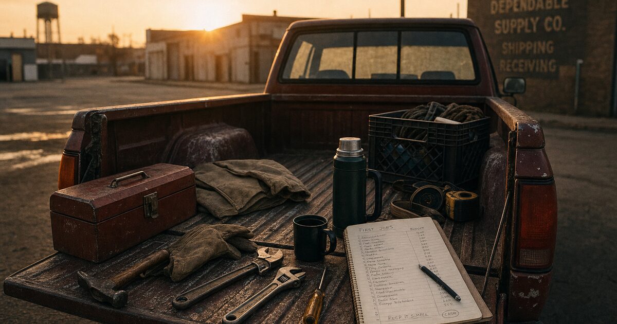 Weathered American pickup truck bed at dawn filled with hand tools, a first-jobs ledger, and a coffee thermos parked in an empty industrial lot. Editorial photograph illustrating Jeremy Barker's playbook for starting a company with no money.