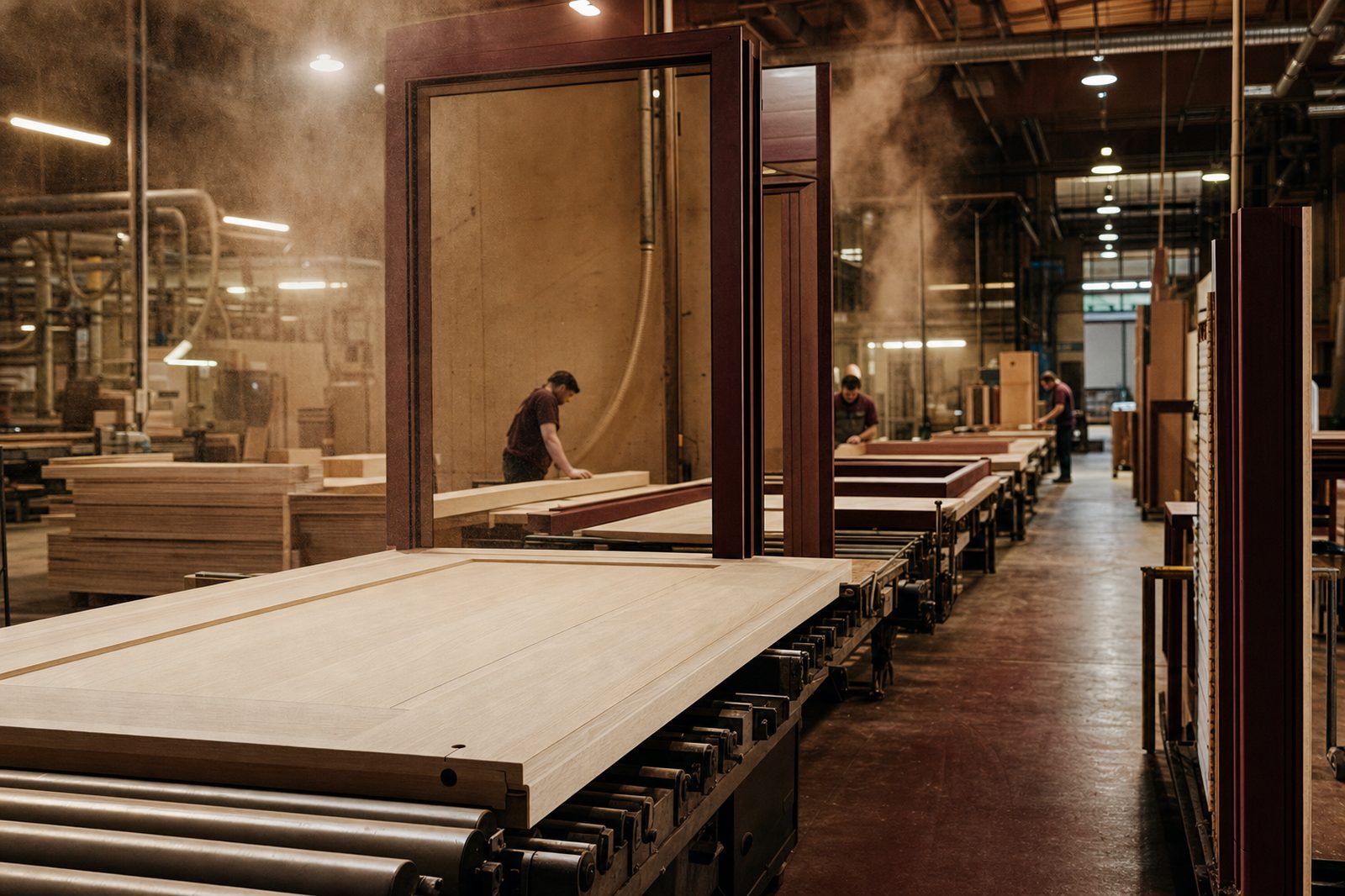 The inside of an American door manufacturing plant with wood dust in the air, a long conveyor line, and workers assembling a hidden door at the end of the line.