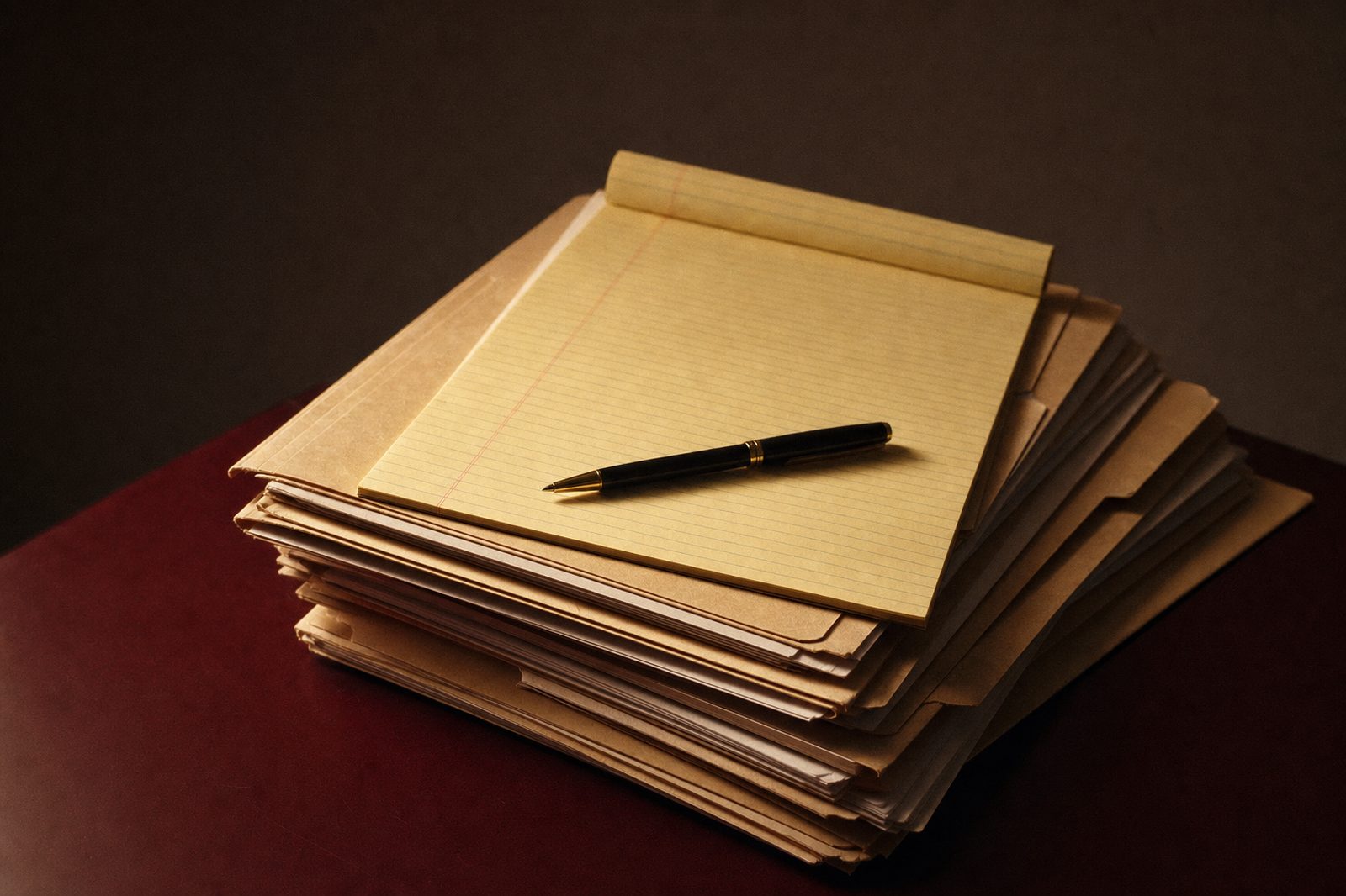 A stack of manila file folders on a plain office desk in low warm light, with a legal pad and a pen on top.