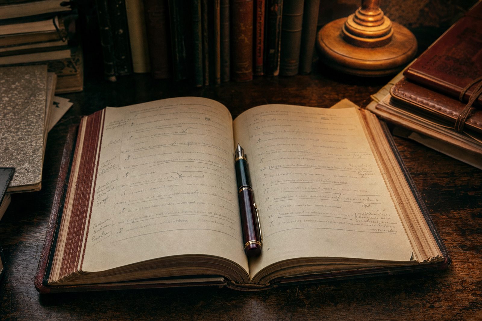 A worn workbook open on a wooden desk with handwritten notes in the margins and a fountain pen resting on the spine.