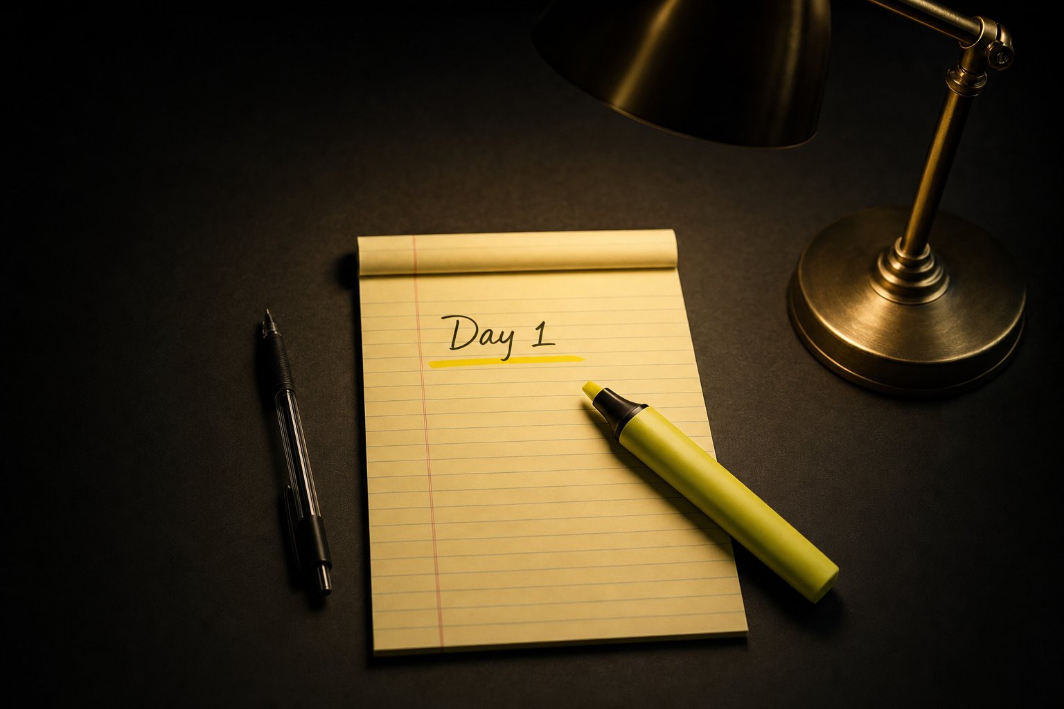 A yellow legal pad on a dark desk with the words Day 1 written and underlined in yellow highlighter beside a ballpoint pen, lit by a brass desk lamp.