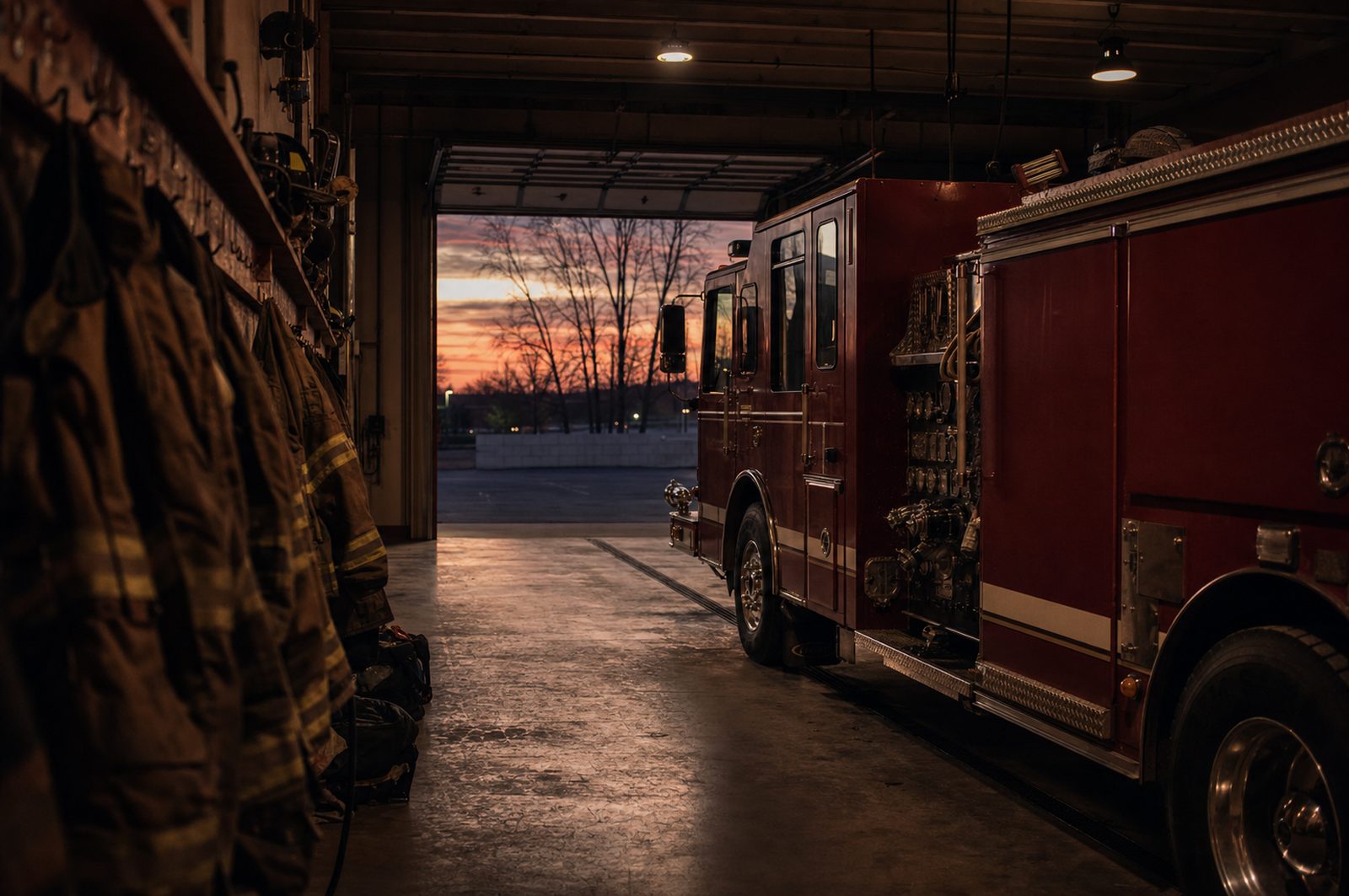 A firefighter's turnout coat and helmet hanging in a station bay at night, dimly lit by overhead sodium lights.
