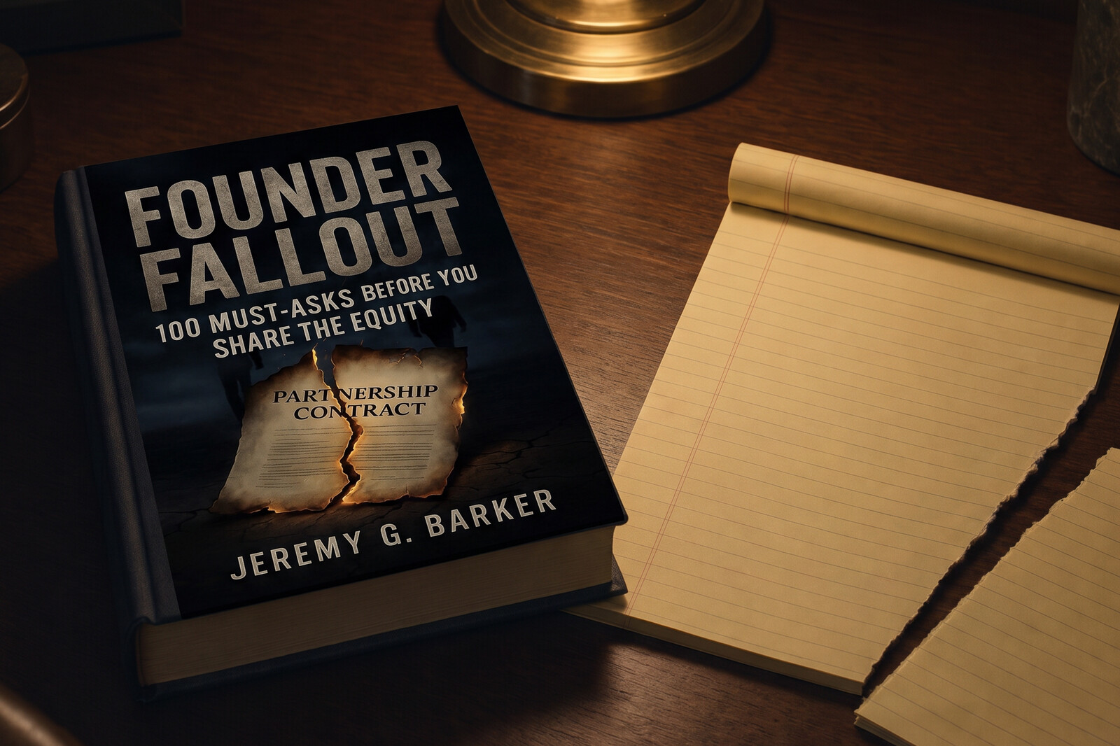 A hardback copy of Founder Fallout on a dark walnut desk beside a yellow legal pad with one page torn in half and set aside, warm brass lamp light.