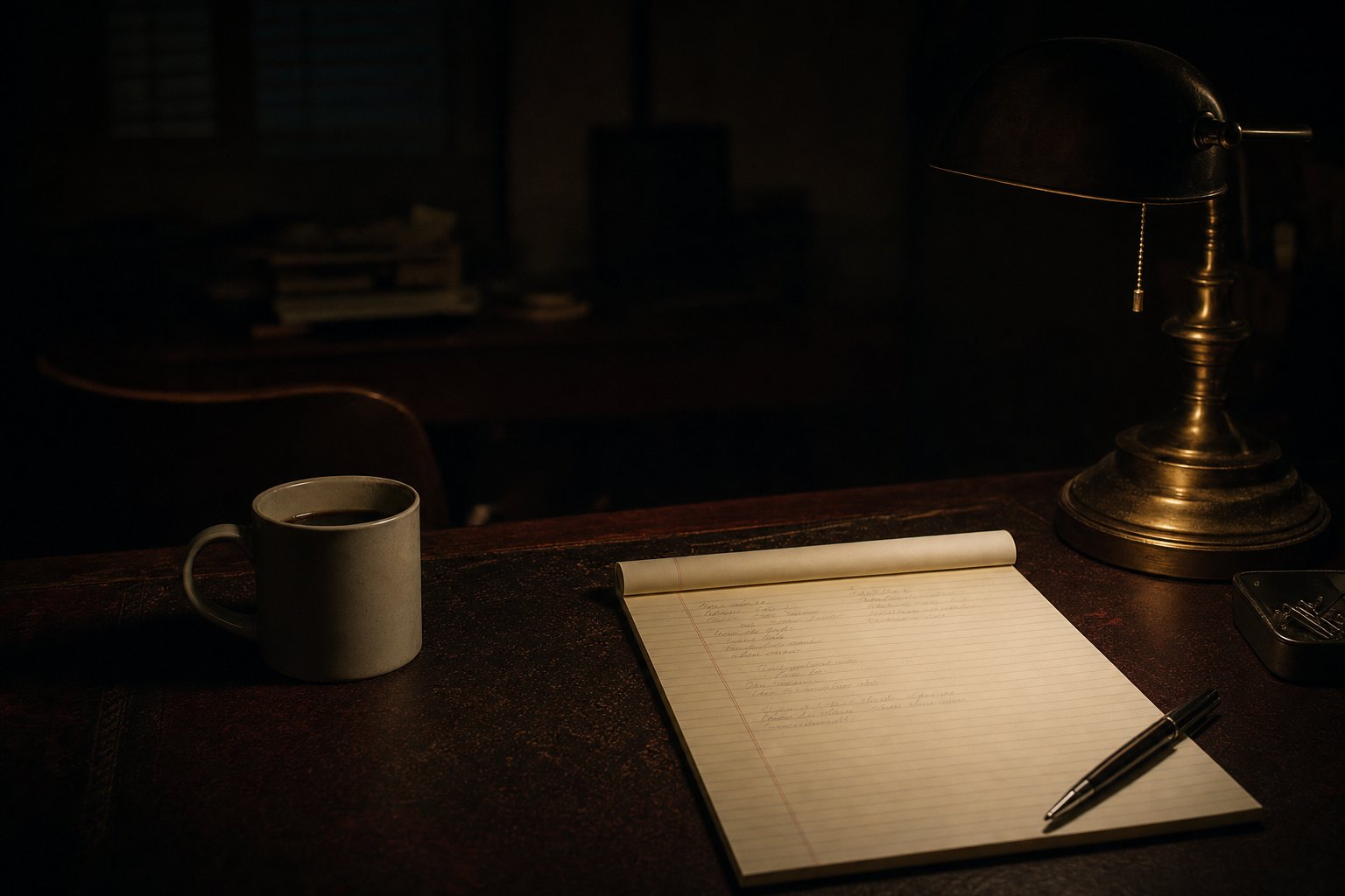 A cold mug of coffee and an open legal pad on a dark desk lit by a single brass banker lamp, quiet late-night mood.