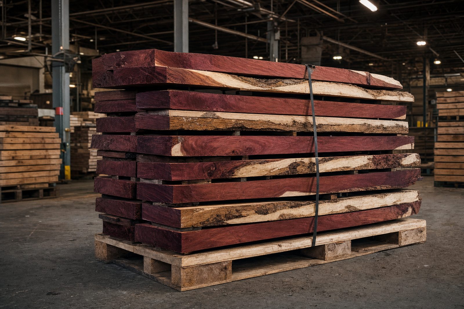 A pallet of raw hardwood boards stacked in a warehouse aisle, lit by industrial overhead lighting, waiting to enter the mill.