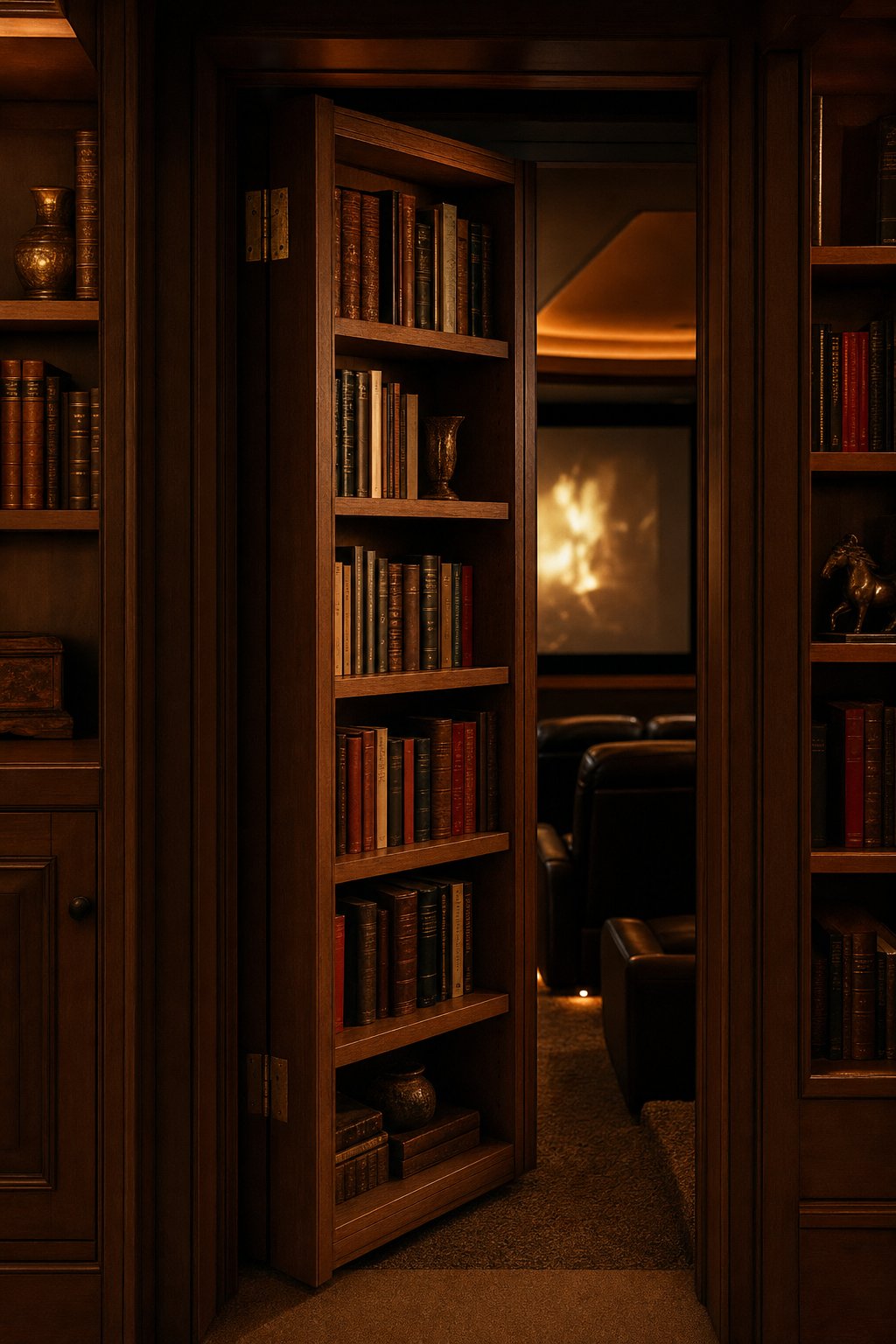 A hinged bookcase-style hidden Murphy Door half open, revealing warm theater seats and screen glow inside a residential basement library.