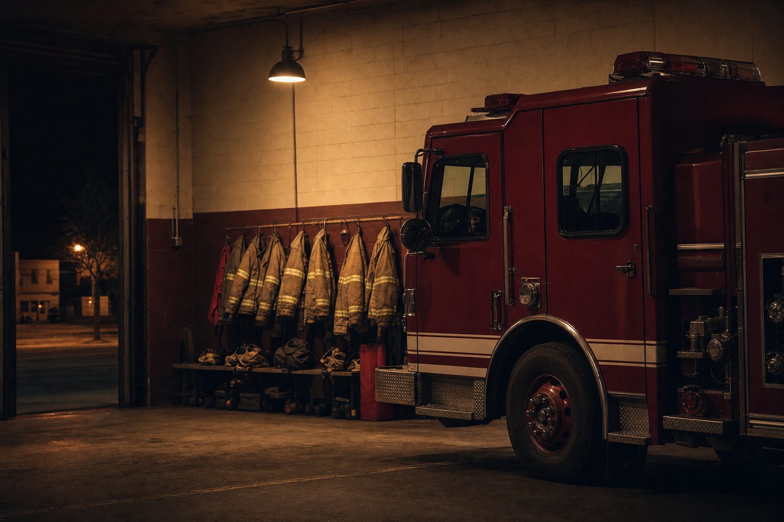 The interior of a fire station bay at night with a red engine lit by low overhead lights and turnout gear hanging on the wall behind it.