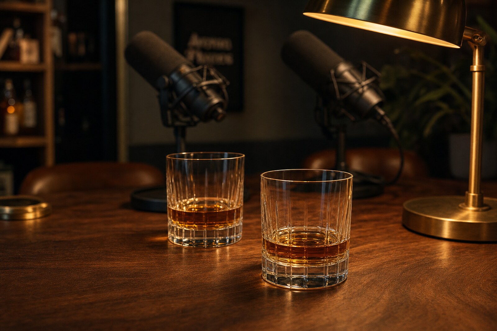 A pair of low-fill bourbon glasses on a warm walnut podcast desk under brass lamp light, two microphones just out of focus in the background.