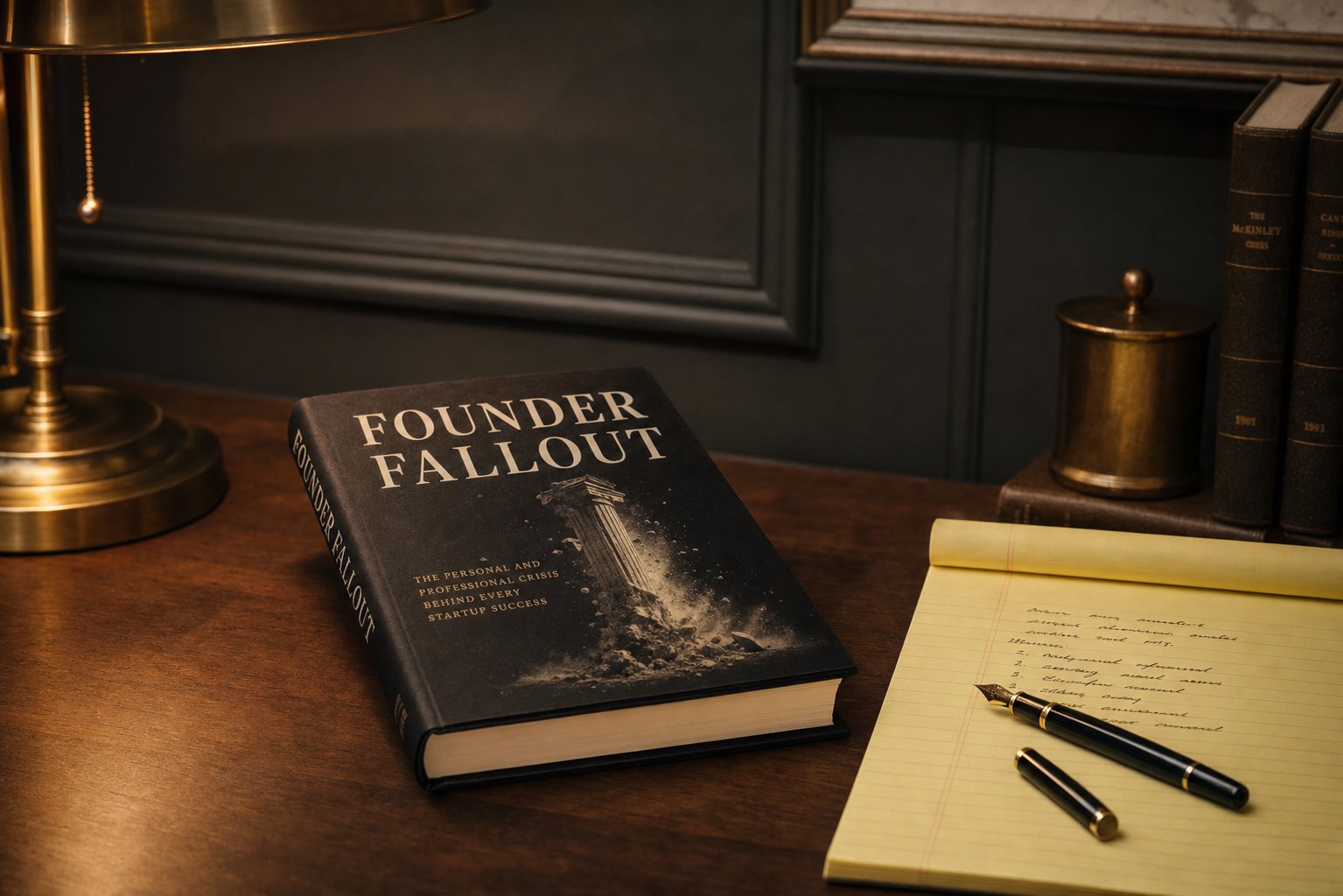 A hardback copy of Founder Fallout resting on a warm walnut desk beside a yellow legal pad and a fountain pen, lit by a brass desk lamp.