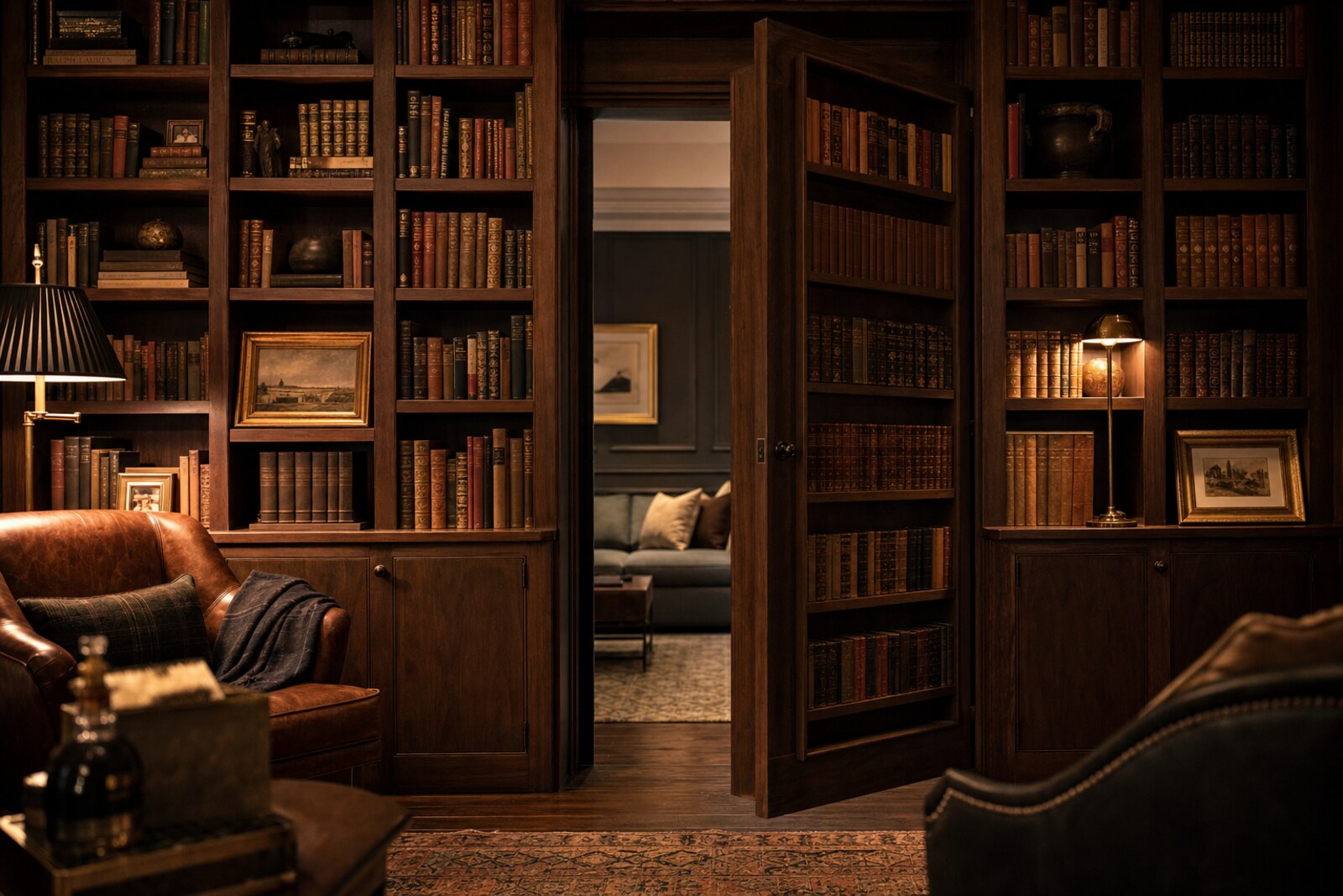 A polished hinged bookcase Murphy Door half open in a warm library, revealing a room beyond, brass lamp light on rich walnut and bourbon-toned book spines.