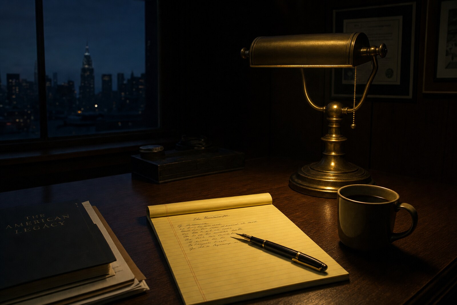 A cold dark desk at 5am with a yellow legal pad, a fountain pen, a mug of black coffee, and a single brass banker lamp casting warm light.